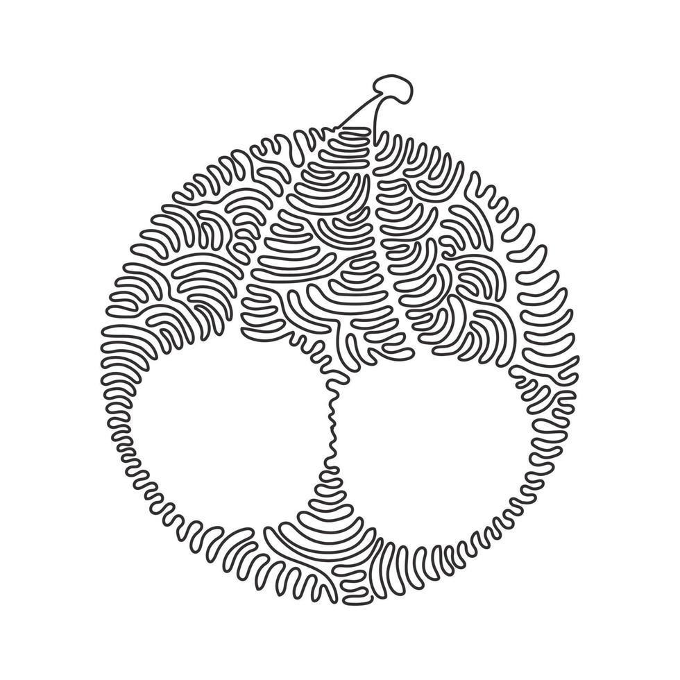 dibujo de una sola línea cerezas orgánicas sanas enteras para la identidad del logotipo de la huerta. concepto de fruitage fresco para el icono de jardín de frutas. estilo del fondo del círculo del rizo del remolino. vector de diseño de dibujo de línea continua