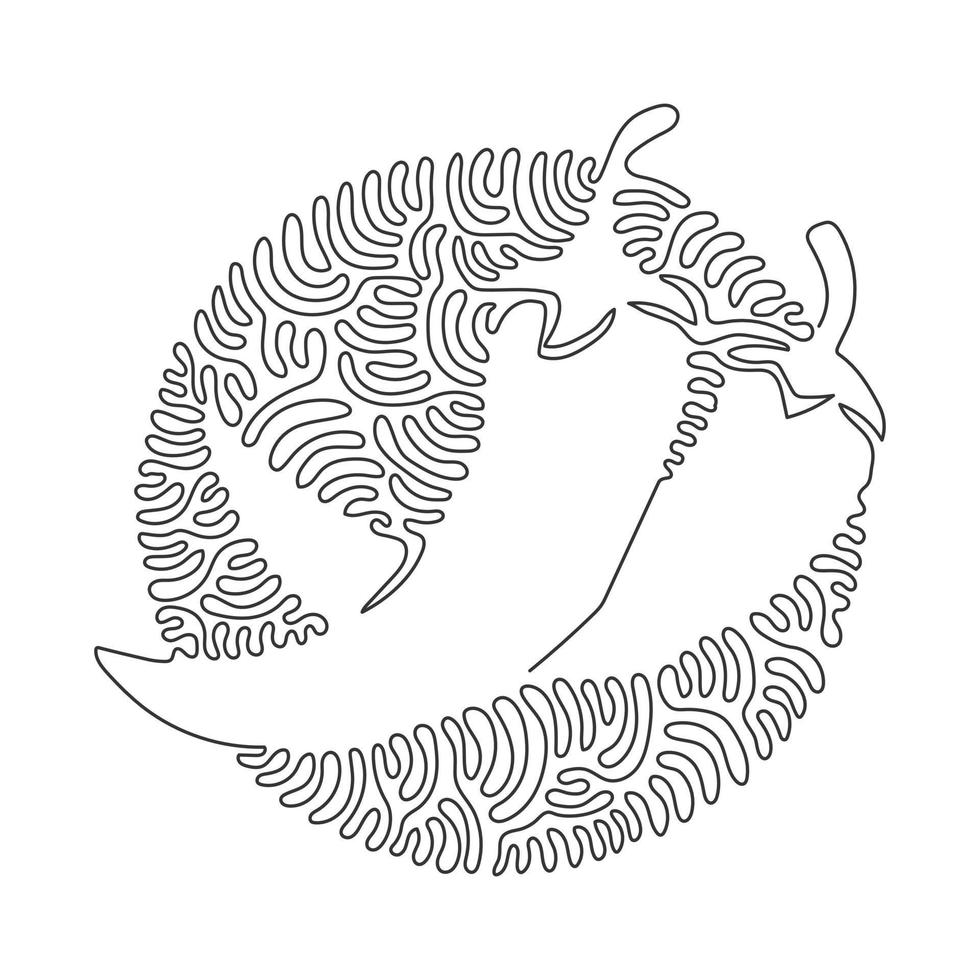 Single one line drawing whole healthy organic hot chilies for farm logo. Fresh chili peppers concept for vegetable icon. Swirl curl circle background style. Continuous line design vector illustration