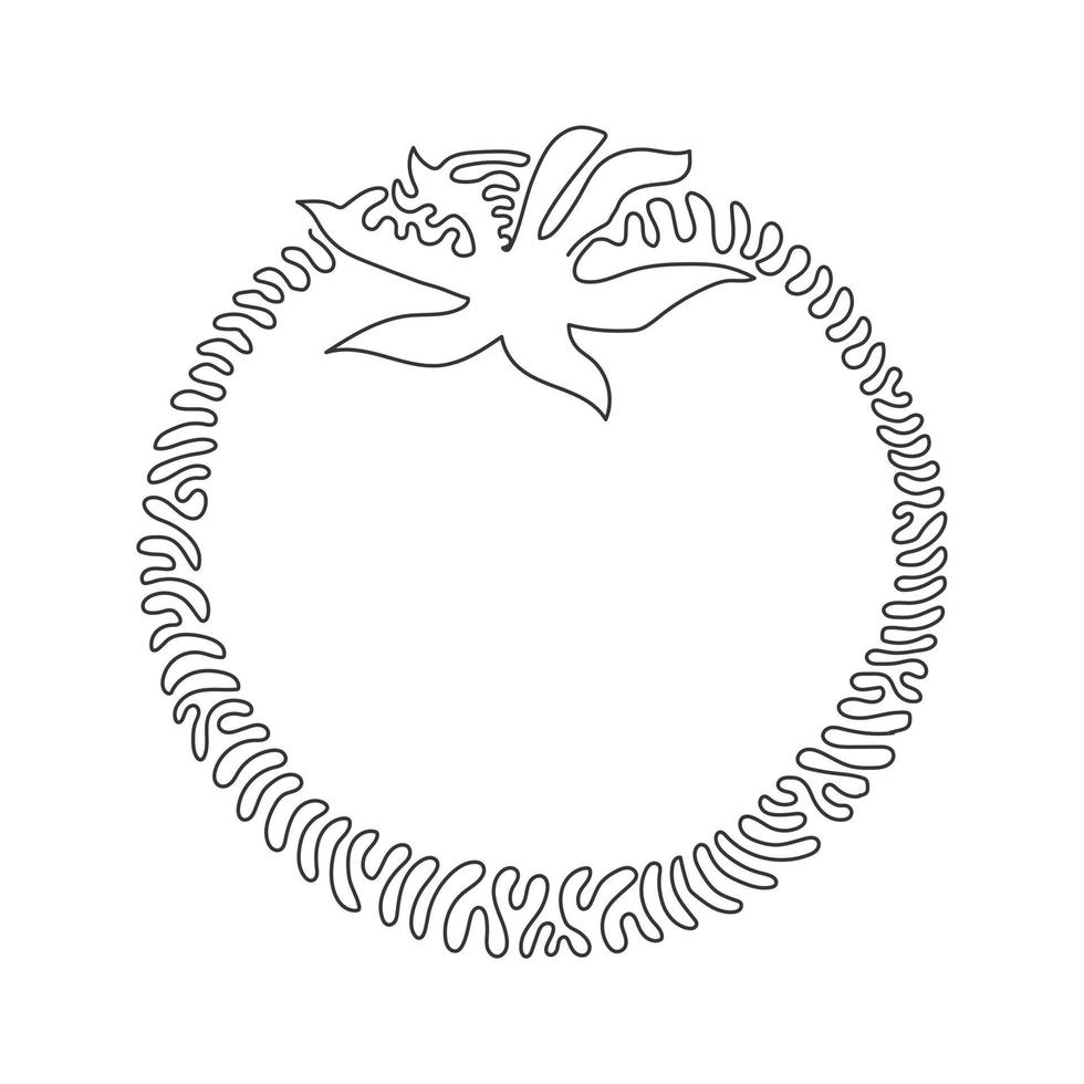 Single one line drawing whole healthy organic tomato for farming logo identity. Fresh tropical vegetable for vegie garden icon. Swirl curl circle background style. Continuous line draw design vector
