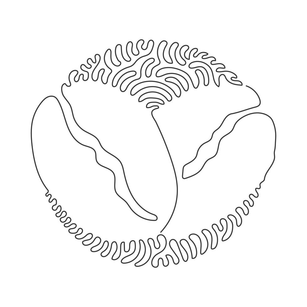 Single one line drawing whole healthy organic coffee bean for cafe logo identity. Fresh aromatic been for coffee shop icon. Swirl curl circle background style. Continuous line draw design vector