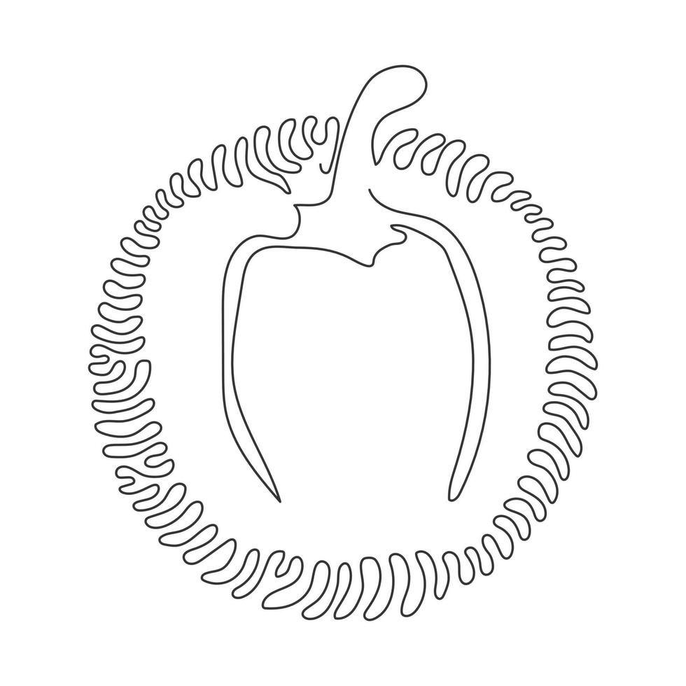 Single continuous line drawing whole healthy organic paprika for plantation logo identity. Fresh bell pepper for fruit vegetable icon. Swirl curl circle background style. One line draw design vector