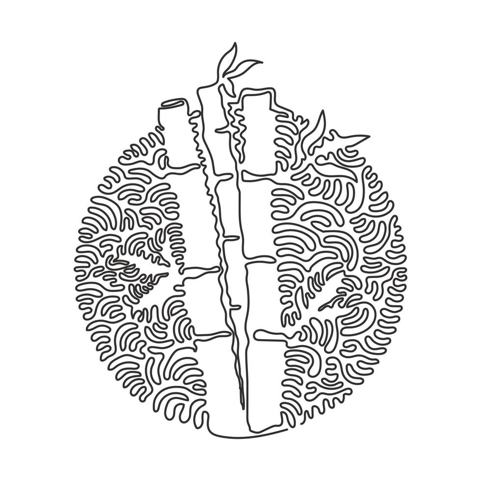 Continuous one line drawing bamboo trees for plantation logo. Fresh evergreen perennial flowering plant for plant icon. Swirl curl circle background style. Single line draw design vector illustration