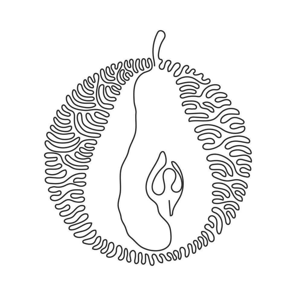Single one line drawing sliced healthy organic pear for orchard logo. Fresh summer fruitage for fruit garden icon. Swirl curl circle background style. Continuous line draw design vector illustration
