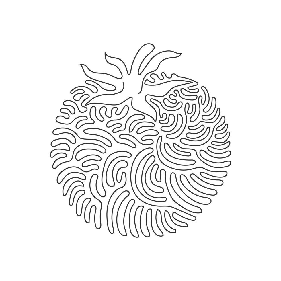 Continuous one line drawing whole healthy organic tomato for farming logo identity. Fresh tropical vegetable for vegie garden icon. Swirl curl style. Single line draw design vector illustration