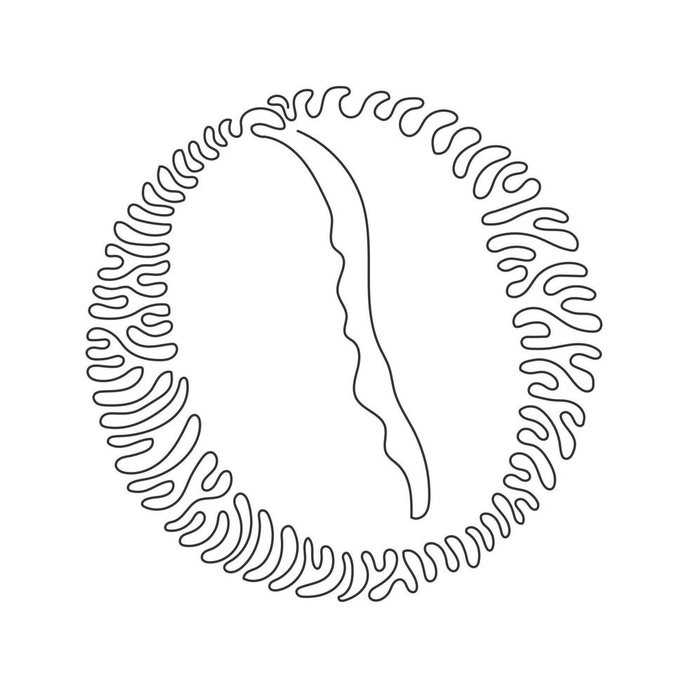 Single one line drawing whole healthy organic coffee bean for restaurant logo identity. Fresh aromatic seed for coffee shop icon. Swirl curl circle background style. Continuous line draw design vector