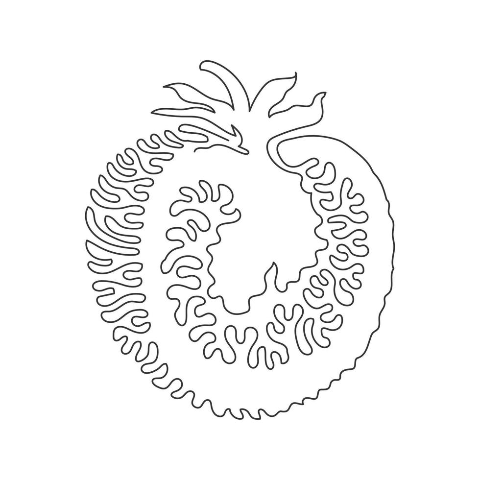 Single one line drawing sliced healthy organic tomato for farming logo identity. Fresh tropical vegetable concept for vegie garden icon. Swirl curl style. Continuous line draw design graphic vector