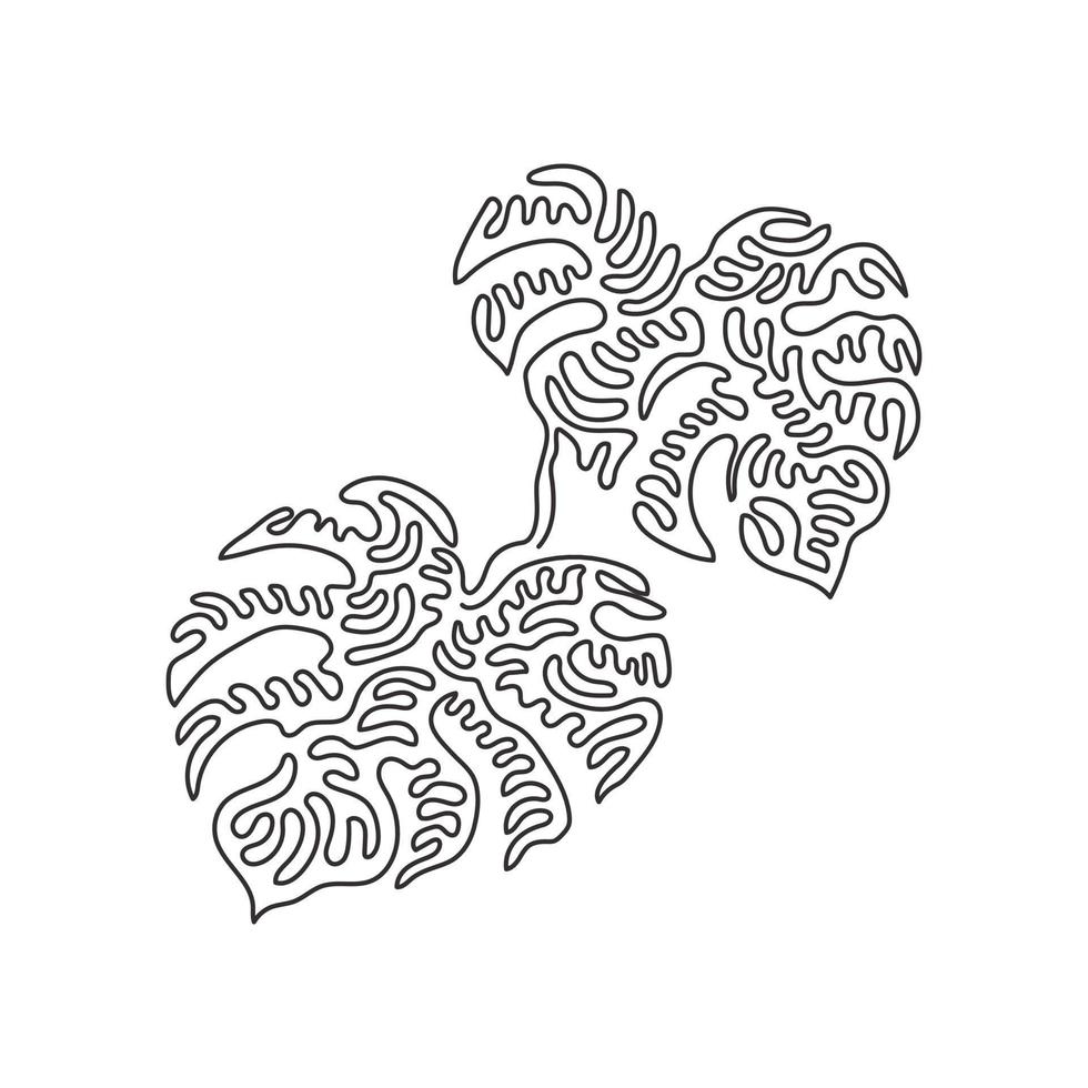 Single one line drawing monstera leaf. Tropical leaves minimalistic style, abstract floral pattern concept for poster, wall decor print. Swirl curl style. Continuous line design vector illustration