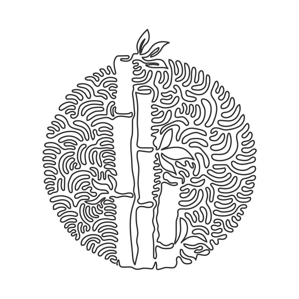 Continuous one line drawing bamboo trees for plantation logo identity. Fresh evergreen perennial flowering plant for plant icon. Swirl curl circle background style. Single line draw design vector