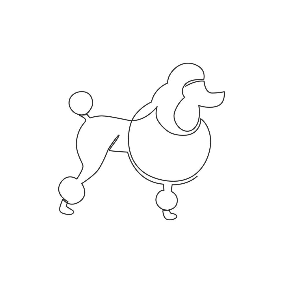 Single continuous line drawing of simple cute poodle puppy dog icon. Pet animal logo emblem vector concept. Modern one line draw design graphic illustration