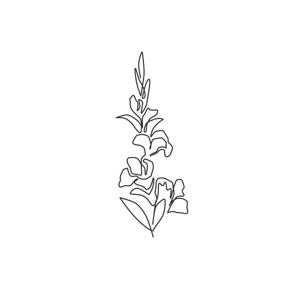 One single line drawing of beauty fresh gladiolus for home wall art decor. Printable poster decorative sword gladius flower concept. Modern continuous line draw design vector graphic illustration
