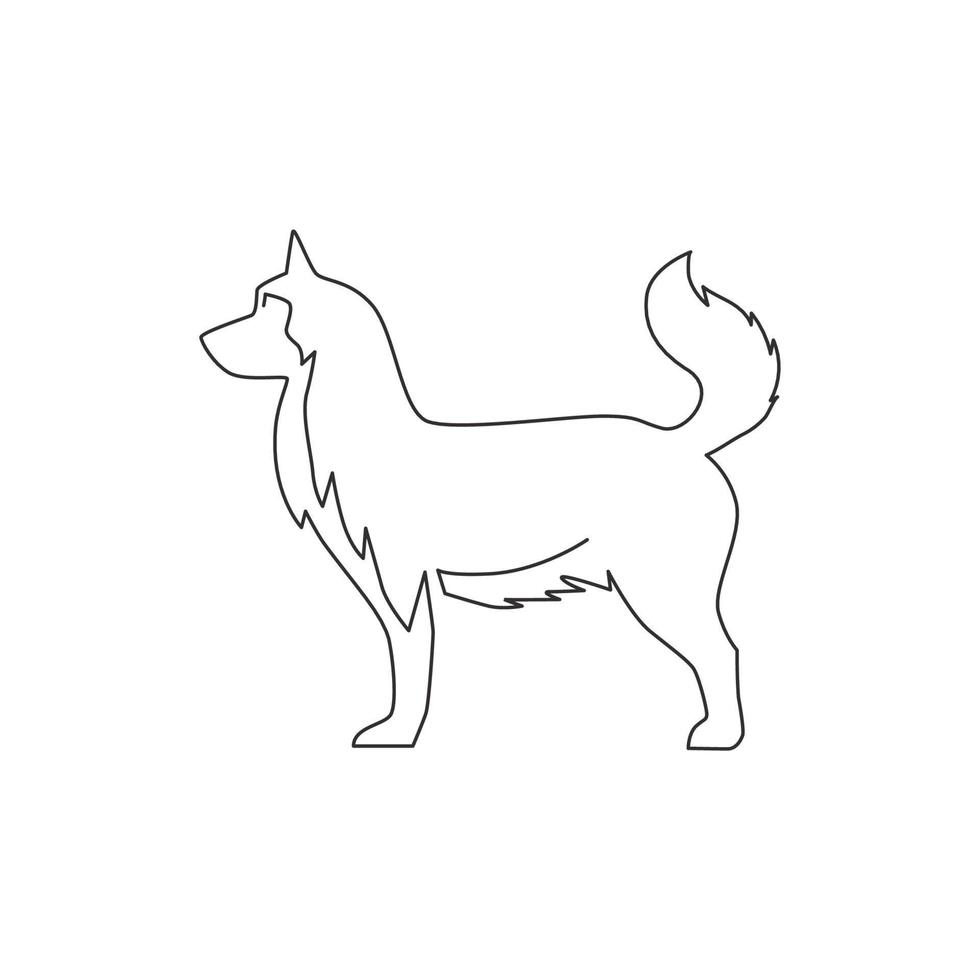 Single continuous line drawing of simple cute siberian husky puppy dog icon. Pet animal logo emblem vector concept. Trendy one line draw graphic design illustration