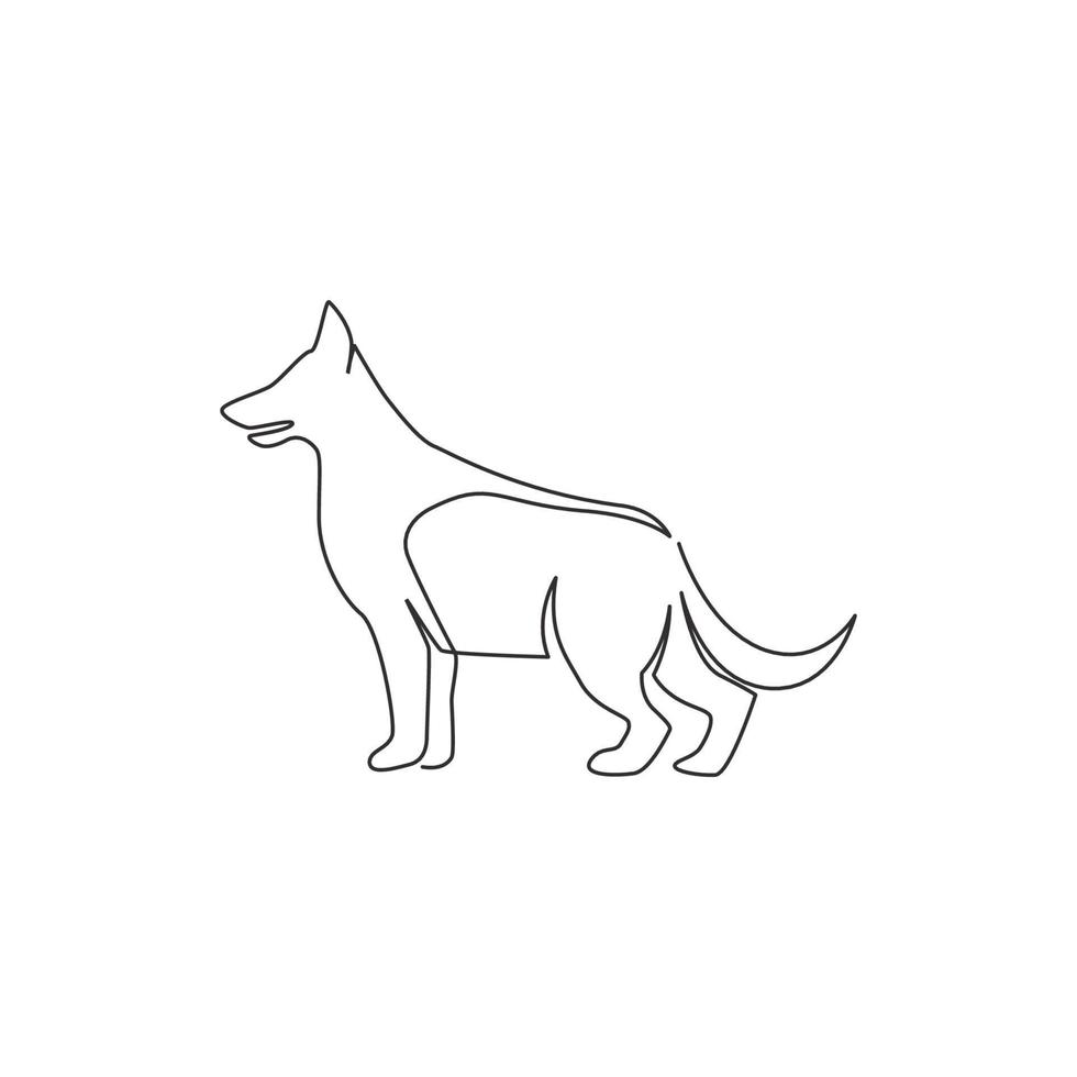 Single continuous line drawing of simple cute german shepherd puppy dog icon. Pet animal logo emblem vector concept. Trendy one line draw design graphic illustration