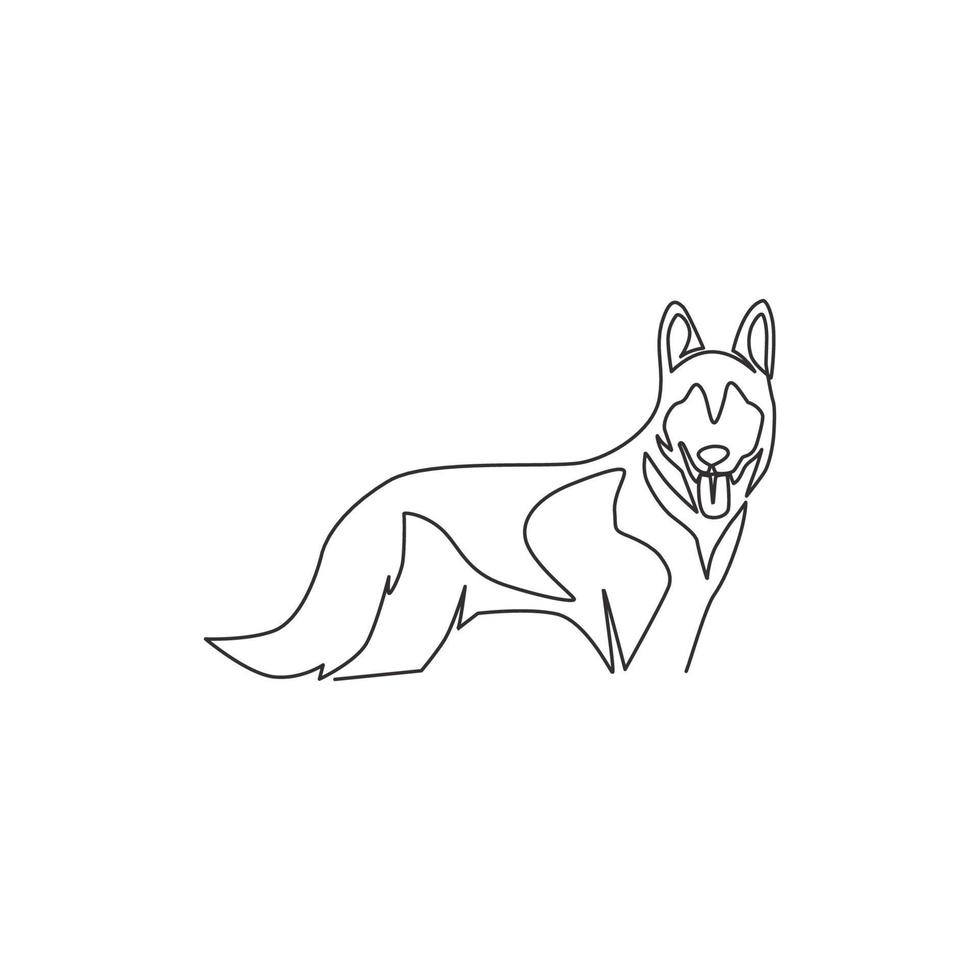 Single continuous line drawing of simple cute siberian husky  puppy dog icon. Pet animal logo emblem vector concept. Dynamic one line draw design graphic illustration