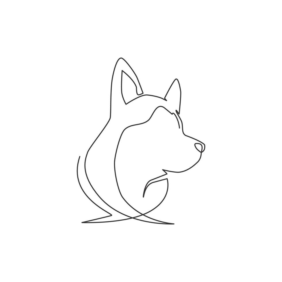 Un dibujo de línea continua del icono de cabeza de perro cachorro de husky siberiano lindo simple. concepto de vector de emblema de logotipo animal de mamíferos. Ilustración gráfica de diseño de dibujo de una sola línea de moda