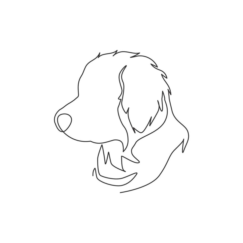 One single line drawing of simple cute puppy dog icon. Pet shop logo emblem vector concept. Trendy continuous line draw design graphic illustration