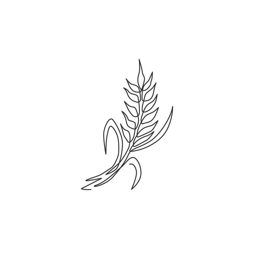 One continuous line drawing of whole healthy organic wheat grain for farm logo identity. Fresh staple food concept for breakfast cereal icon. Modern single line graphic draw design vector illustration