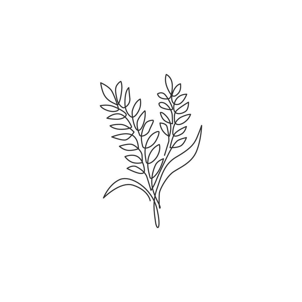 One continuous line drawing of whole healthy organic wheat grain for farm logo identity. Fresh staple food concept for breakfast cereal icon. Modern single line draw design graphic vector illustration
