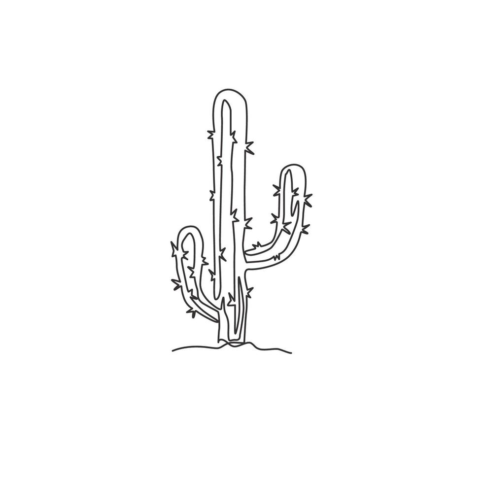 Single continuous line drawing of dry tropical thorny cactus plant. Printable decorative cacti houseplant concept for home wall decor ornament. Modern one line graphic draw design vector illustration