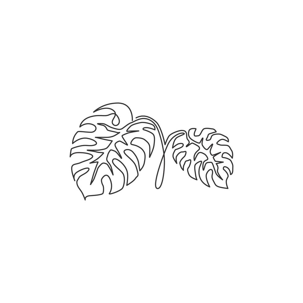 One continuous line drawing cute exotic tropical leaves monstera plant. Printable decorative houseplant concept for home wall decor ornament. Modern single line draw design vector graphic illustration