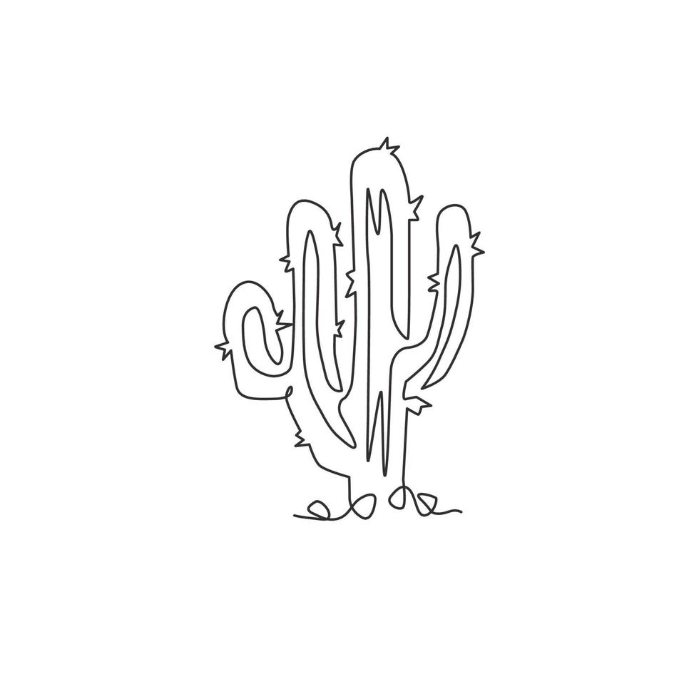 One continuous line drawing of tropical thorny cactus plant. Printable decorative cacti houseplant concept for home decor wallpaper ornament. Modern single line graphic draw design vector illustration