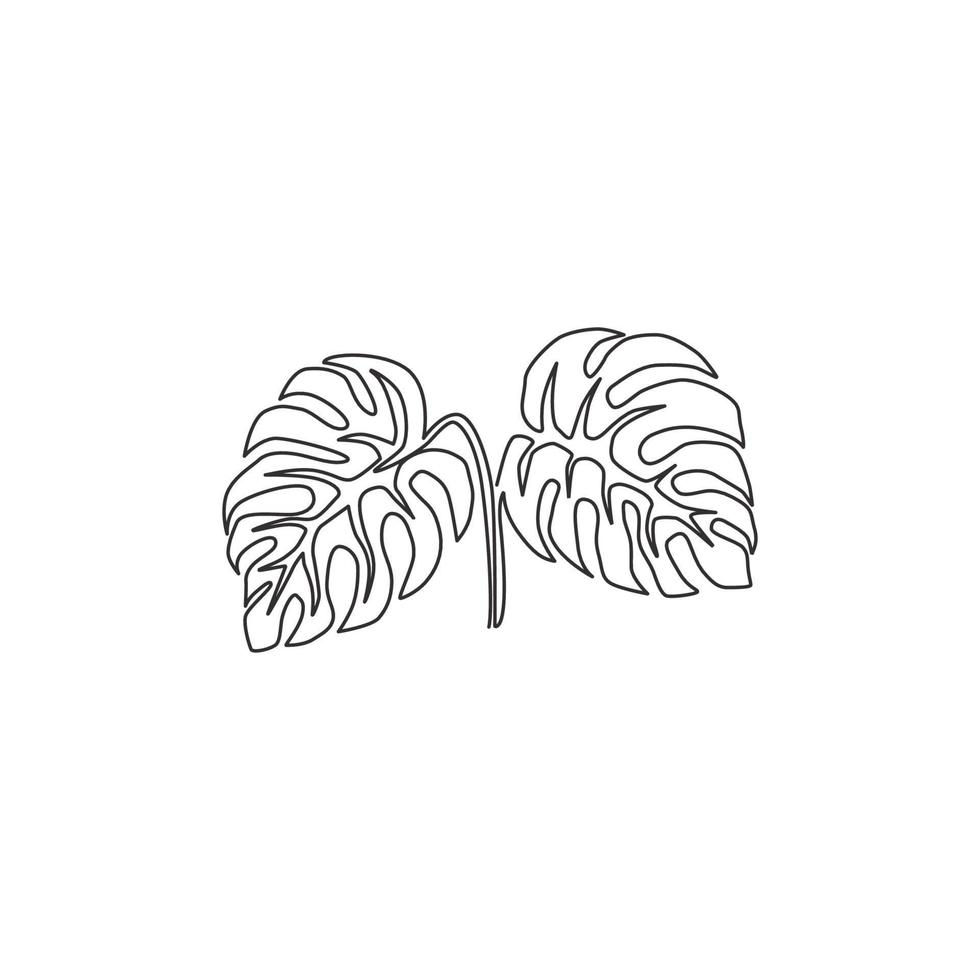 Single continuous line drawing cute exotic tropical leaves monstera plant. Printable decorative houseplant concept for home wall decor ornament. Modern one graphic line draw design vector illustration