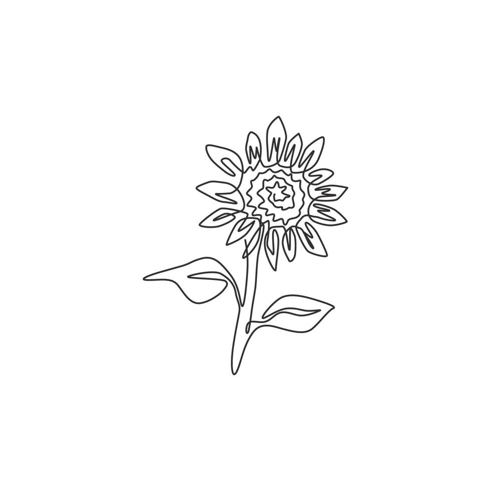 Single continuous line drawing of beauty fresh sunflower for park logo. Decorative helianthus spring flower concept for wall home decor poster art. Modern one line draw design vector illustration