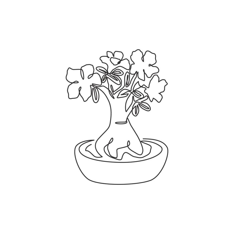 Single continuous line drawing fresh beauty potted adenium for garden logo. Printable poster decorative desert rose flower concept park home wall decor. Modern one line draw design vector illustration