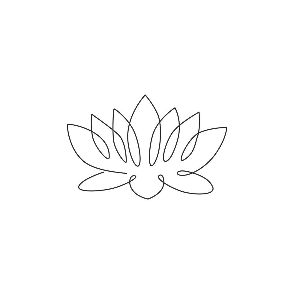 Single continuous line drawing of beauty fresh lotus for salon relaxation therapy business logo. Decorative water lily flower concept for home wall decor. One line draw design vector illustration