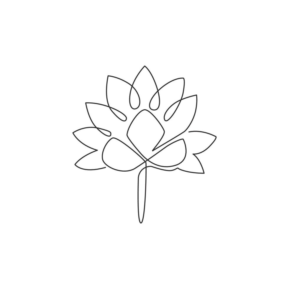One continuous line drawing of beauty fresh lotus for spa business logo. Printable poster decorative garden water lily flower concept for wall home decor. Single line draw design vector illustration