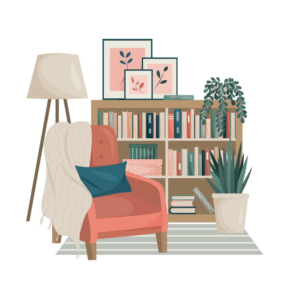 el interior de la sala de estar en estilo escandinavo. la paleta boho. sillón, librería, flores de interior. el gato duerme en la alfombra. vector. vector