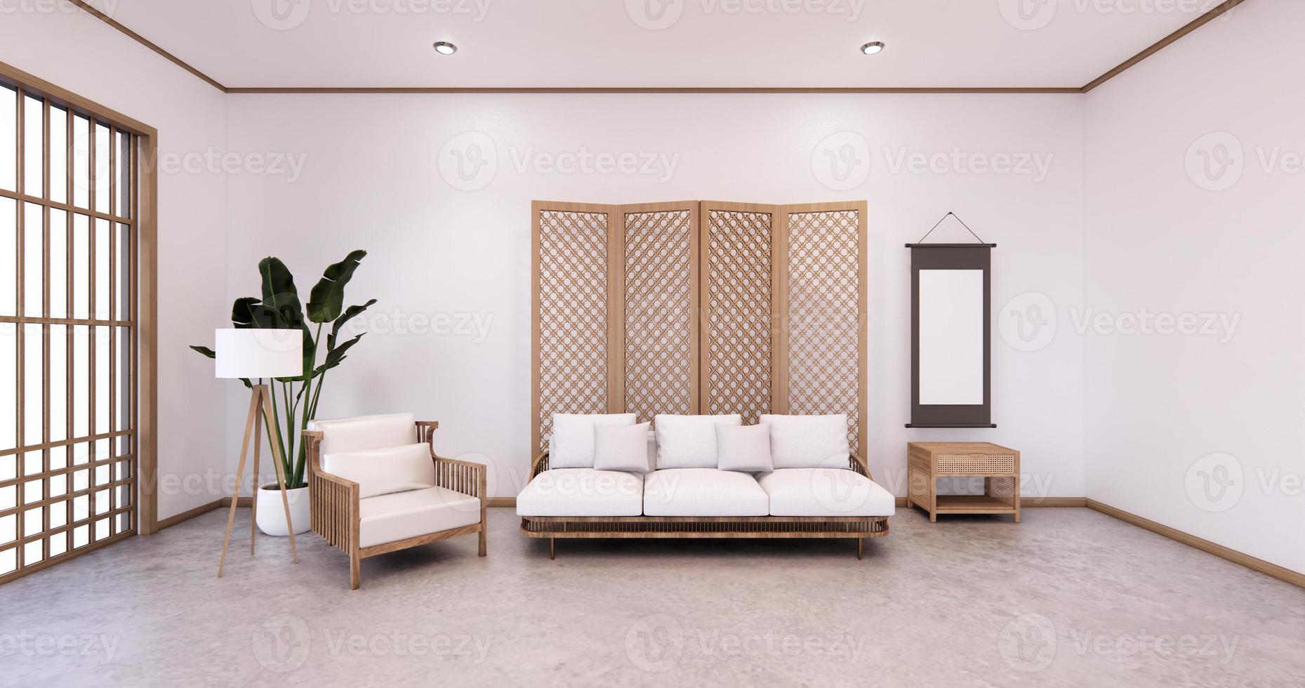 tabique japonés en el interior tropical de la habitación con piso de tatami y pared blanca. Representación 3D foto