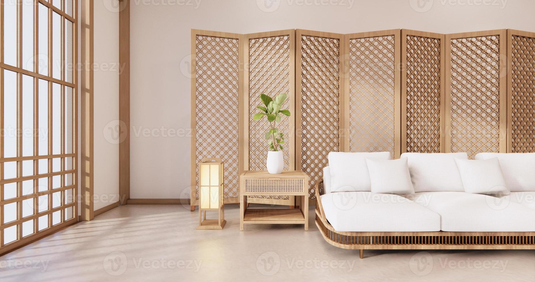 tabique japonés en el interior tropical de la habitación con piso de tatami y pared blanca. Representación 3D foto