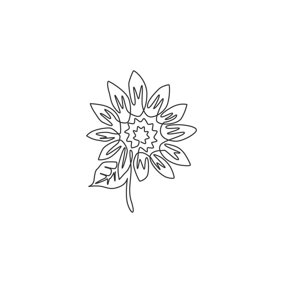 One single line drawing of beauty fresh sunflower for park logo. Printable poster decorative helianthus season flower concept for wall home decor art. Continuous line draw design vector illustration