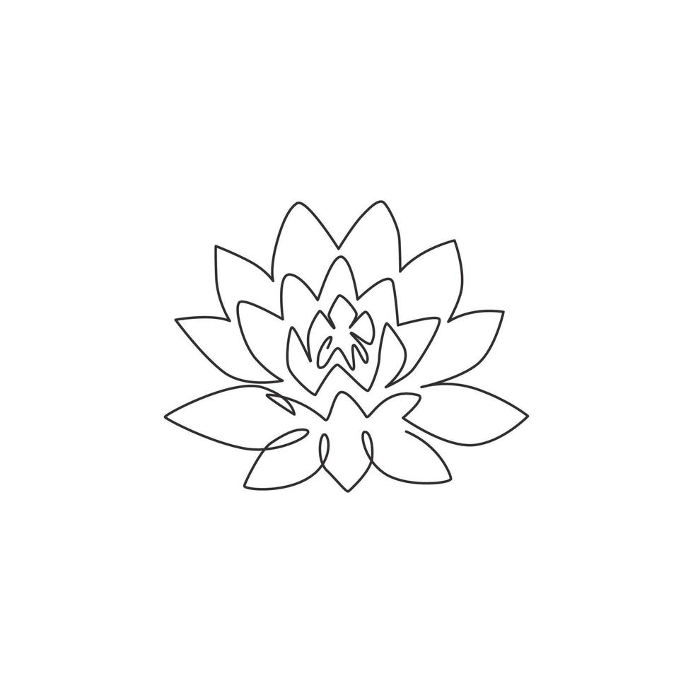 One single line drawing of beauty fresh lotus for spa business logo. Decorative water lily flower concept for home wall decor poster. Modern continuous line draw graphic design vector illustration