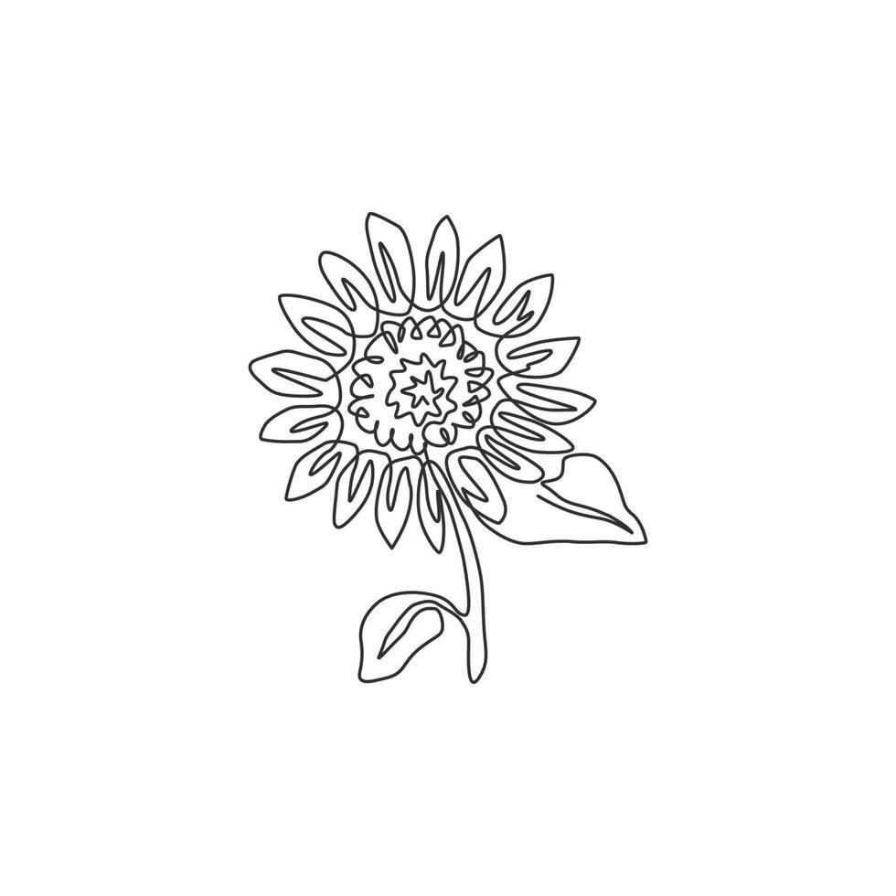 un dibujo de línea continua de girasol fresco de belleza para el logotipo del parque. cartel imprimible decorativo helianthus primavera flor concepto decoración de la pared del hogar. Ilustración de vector de diseño de dibujo de línea única moderna