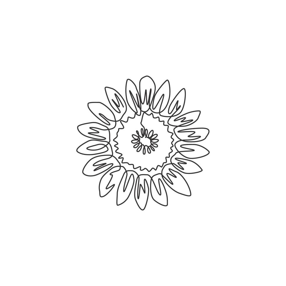 un dibujo de una sola línea del girasol fresco de la belleza para el logotipo del jardín. Cartel decorativo imprimible de la decoración del hogar de la pared del concepto de la flor del verano de helianthus. Ilustración de vector de diseño de dibujo de línea continua moderna