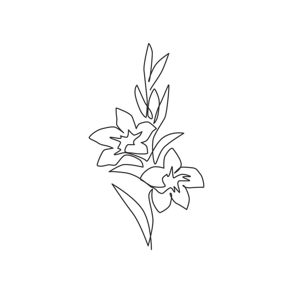 un dibujo de línea continua de la belleza de la orquídea fresca para el logotipo del jardín. cartel decorativo imprimible concepto de flor de orquídea para el arte de decoración de la pared del hogar. Ilustración de vector de diseño de dibujo de línea única moderna