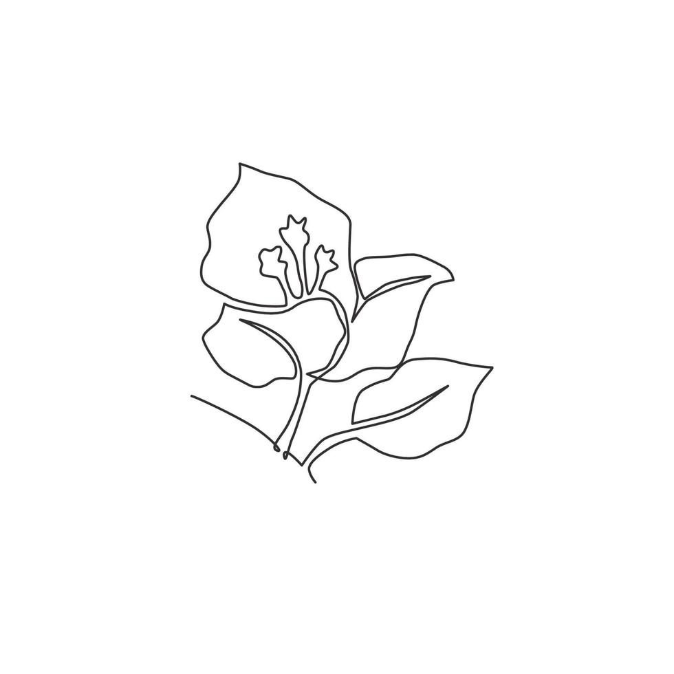 Single continuous line drawing of beauty fresh bougainville for home wall decor art. Printable decorative poster thorny vine flower for greeting card ornament. One line draw design vector illustration