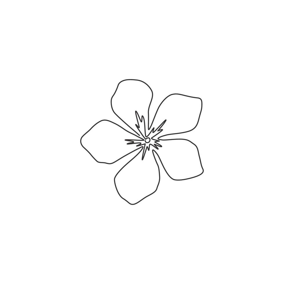 un dibujo de línea continua belleza bígaro fresco para el logotipo del jardín. concepto decorativo imprimible de la flor de Catharanthus para el arte del cartel de la decoración de la pared del hogar. Ilustración de vector de diseño de dibujo de línea única moderna