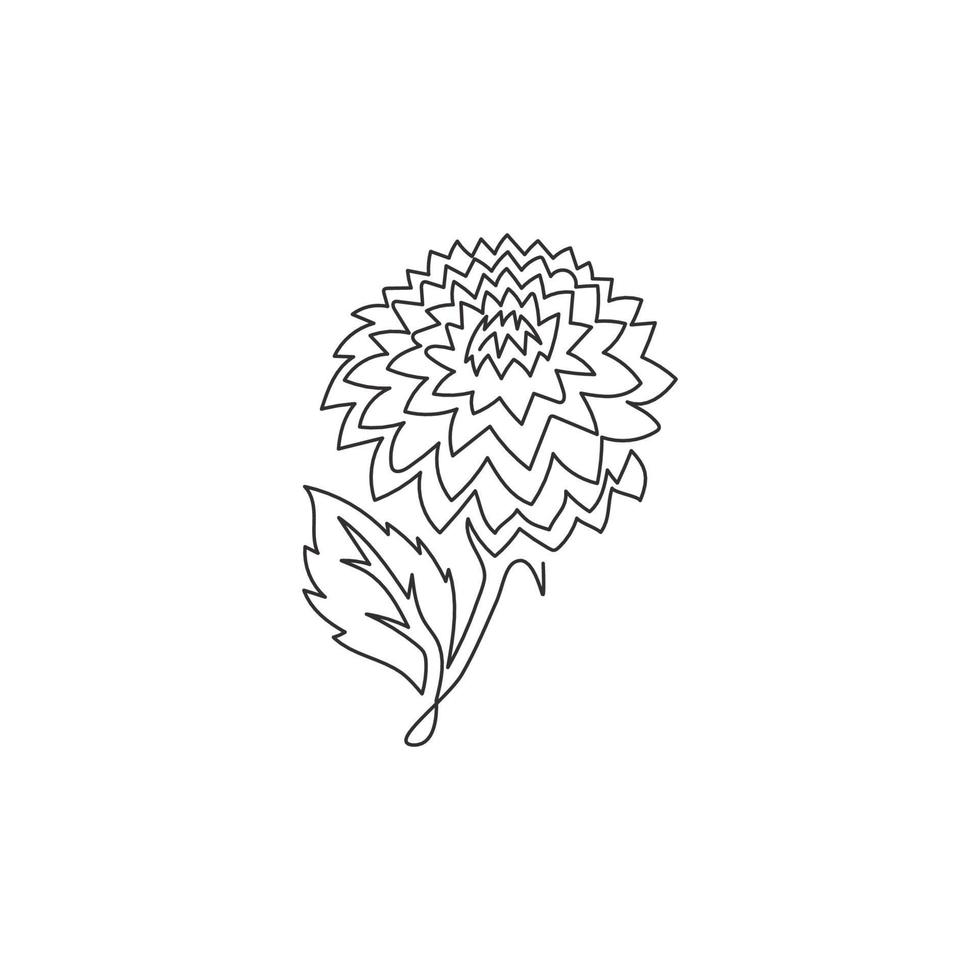 Single continuous line drawing of beauty fresh dahlia for home wall decor poster art. Printable decorative national Mexico flower for wedding invitation card. One line draw design vector illustration