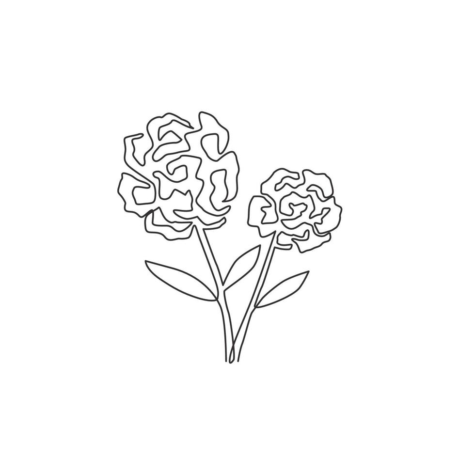 One continuous line drawing of beauty fresh carnation for home decor poster wall art. Printable decorative perennials dianthus flower for park icon. Modern single line draw design vector illustration