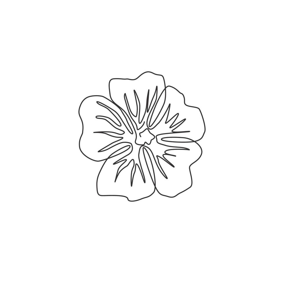 dibujo de una sola línea belleza malva púrpura fresca para el logotipo del jardín. Flor decorativa imprimible de malva sylvestris para decoración del hogar, póster de arte de pared. Ilustración de vector de diseño de dibujo de línea continua moderna