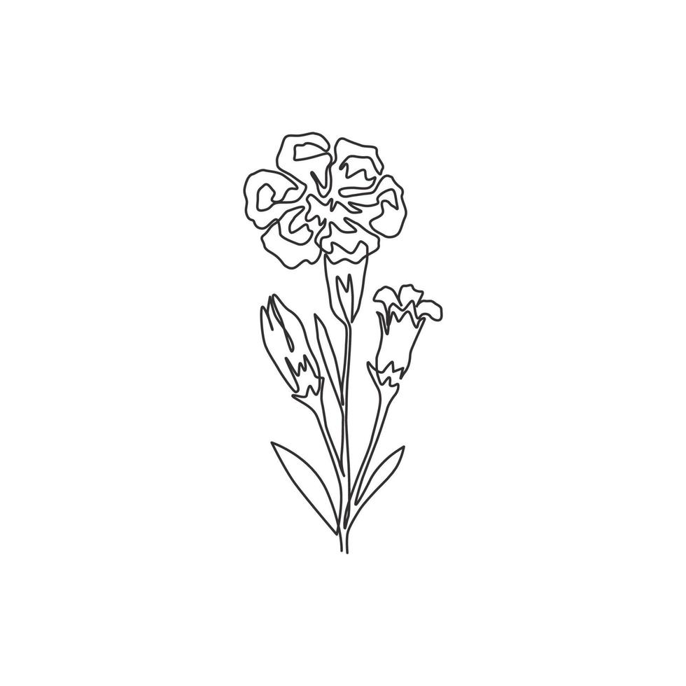 un dibujo de línea continua de clavel fresco de belleza para el logotipo de jardín. concepto decorativo imprimible de la flor del clavel para el cartel del arte de la pared de la decoración casera. Ilustración de vector de diseño de dibujo de línea única de moda