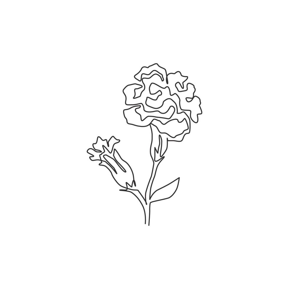 Single continuous line drawing beauty fresh dianthus for home decor poster wall art. Printable decorative carnation flower for wedding invitation card. Modern one line draw design vector illustration