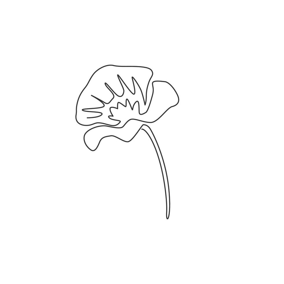 Single continuous line drawing of beauty fresh flowering plant for poster wall decor home art. Printable decorative poppy flower for wedding invitation card. One line draw design vector illustration