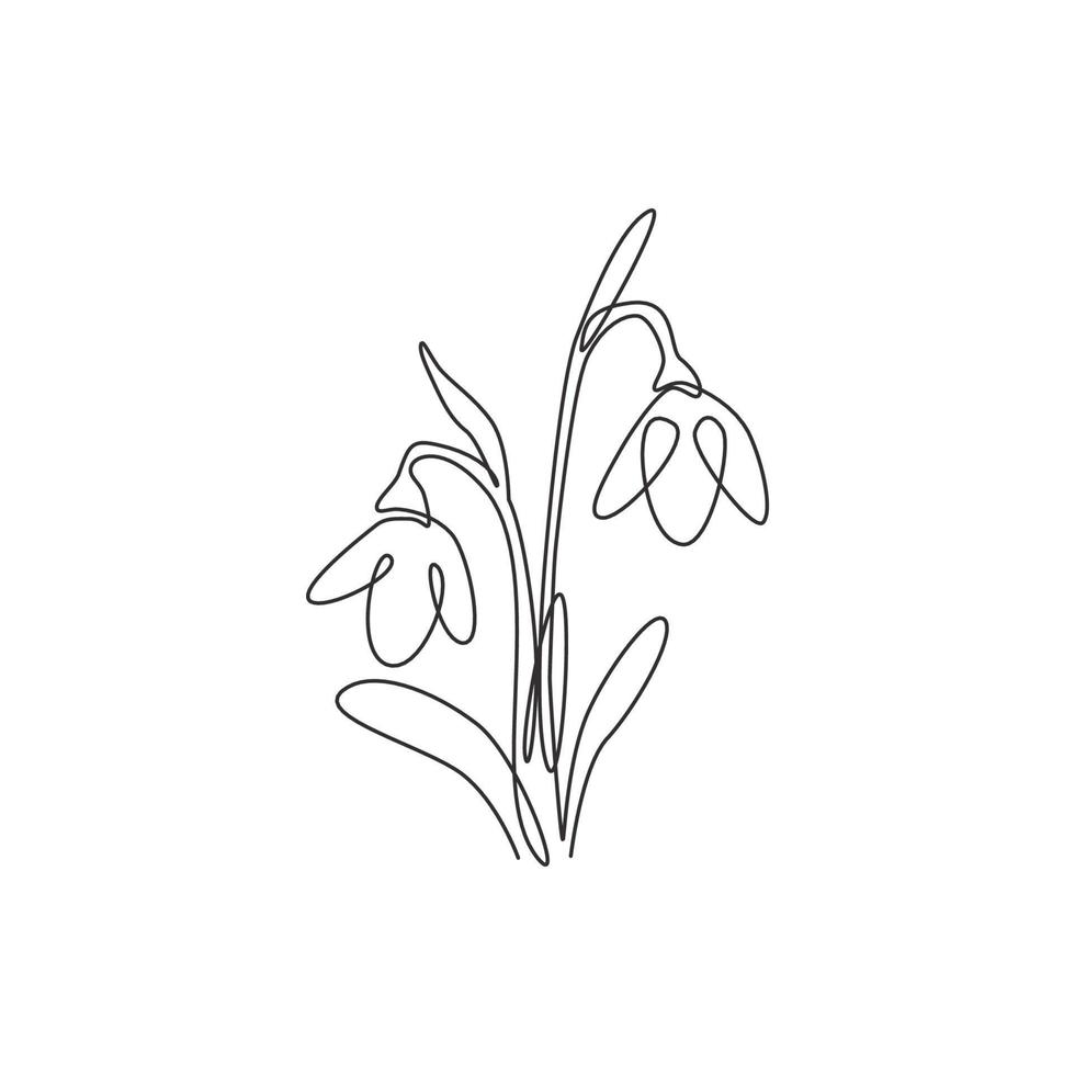 One single line drawing of beauty fresh galanthus for home decor wall art poster print. Decorative snowdrop flower for greeting card ornament. Modern continuous line draw design vector illustration