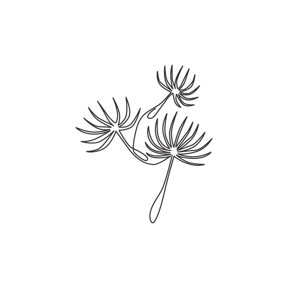 Un dibujo de línea continua de Beauty Fresh Taraxacum para decoración del hogar, arte de pared, impresión de póster. concepto de flor de diente de león decorativo imprimible para tarjeta de felicitación. Ilustración de vector de diseño de dibujo de una sola línea