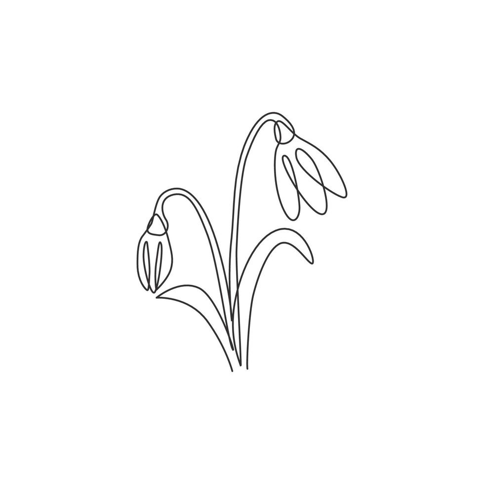 Single continuous line drawing beauty fresh galanthus of garden logo. Printable decorative snowdrop flower concept for home decor wall art poster print. Modern one line draw design vector illustration