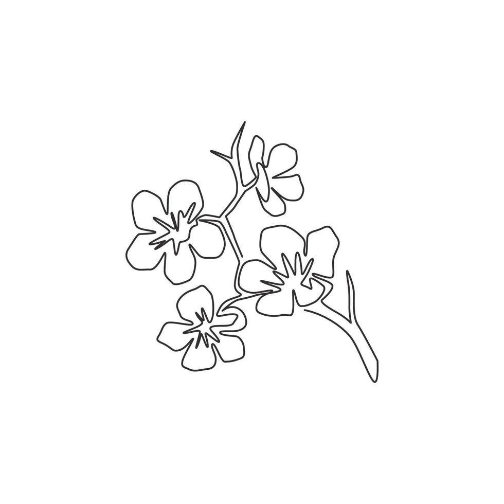 One single line drawing of beauty fresh cherry blossom for home decor wall art print poster. Decorative sakura flower concept for card ornament. Trendy continuous line draw design vector illustration