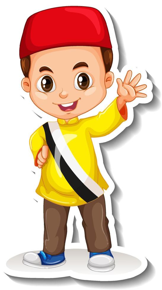 niño musulmán con camiseta de brunei pegatina de dibujos animados vector